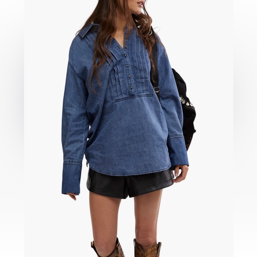 Free People NWT After Hours French Cuffed Pleated Cotton Denim Top medium